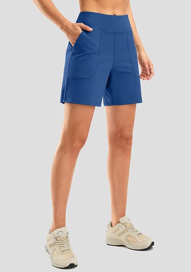 SANTINY Women's 6'' Athletic Long Shorts with 4 Pockets High Waisted Bermuda Shorts for Women Walking Running Casual