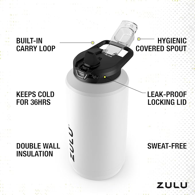 ZULU Goals Vacuum Insulated Large Capacity Stainless Steel Water Bottle | Reusable Jug Thermoses with Carry Handle | Leak-Proof Lid | Perfect for Travel, Workout, Gym, Hiking, Camping | 64oz, 101oz
