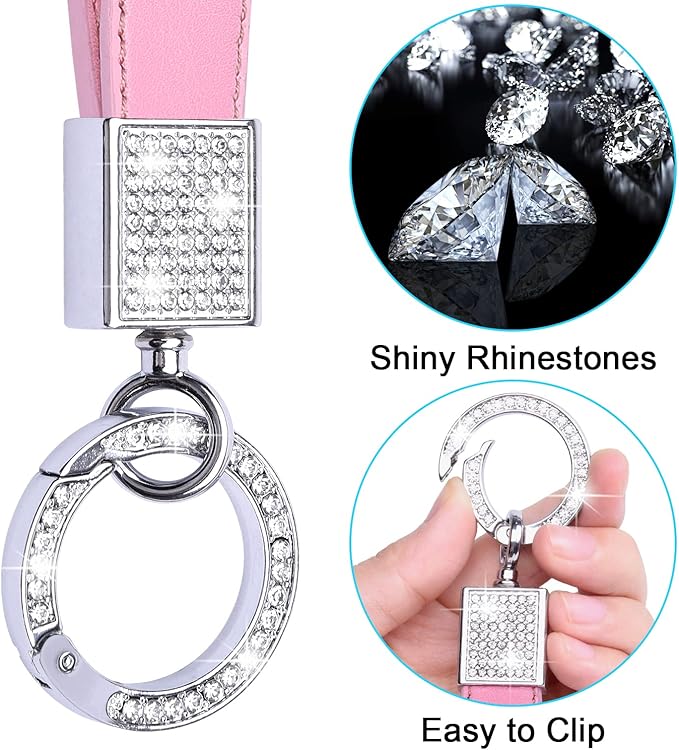 Wisdompro Genuine Leather Car Keychain, Bling Key FOB Holder Leather Loop Keychains for Women Girls with Crystal Rhinestones and 2 Keyrings - Pink