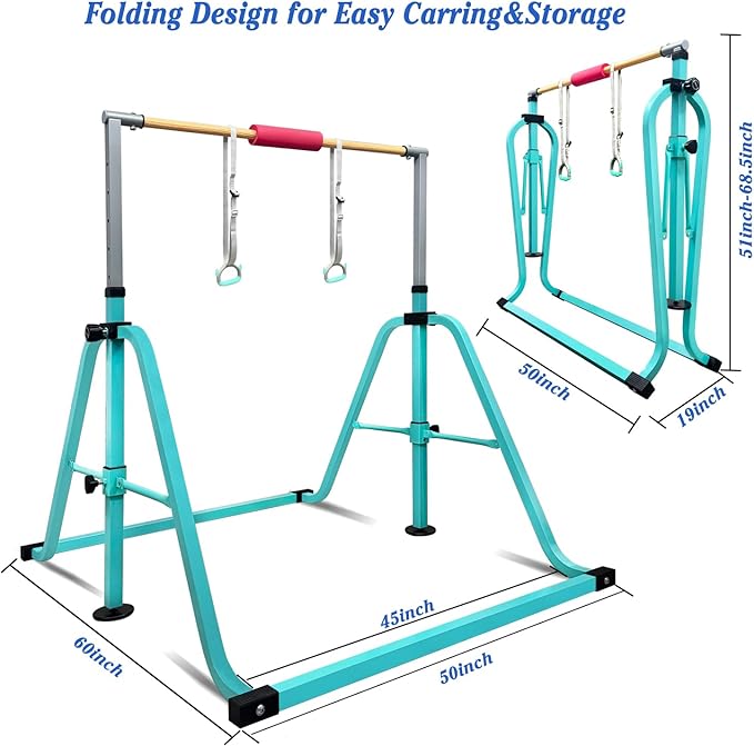 GLANT Gymnastics Bar for Kids with Rings Set, 7 Heights Adjustable Easy Folding Gymnastic Training Bar Kids Monkey Horizontal Bars - Max Load 300LBS
