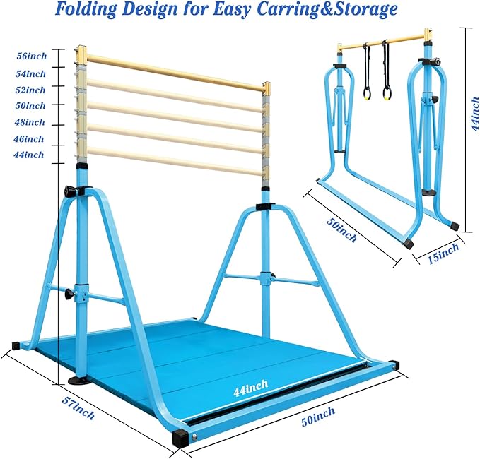 Foldable Gymnastics Kip Bar with Mat and Ring Set,3' to 5' Height Adjustable,Kids Gymnastic Equipment for Ages 3-15,Indoor and Home Training- Max Load 350LBS