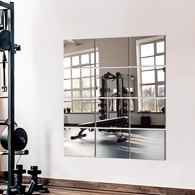 Home Gym Mirror Tiles for Wall, 14"x12"x12PCS Full Length Home Gym Workout Mirror for Garage, Bedroom, Living Room, Over The Door