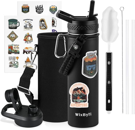 20 oz Insulated Water Bottle with Straw (Cold for 48 Hrs), Stainless Steel Triple Wall Vacuum Sports Water Jug, Leakproof Hydro Cup Flask with Paracord Handle & Straw Spout Lids & DIY Stickers