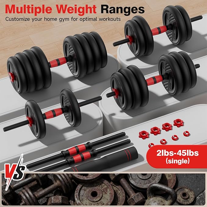 Adjustable Dumbbell Set, 20/30/45/70/90lbs Free Weight Set With Double Locknut, 5-in-1 Dumbbells Set Includes Barbell, Kettlebells, Push up Stand, Weight Plate, Fitness Exercise for Home Gym Suitable Men/Women