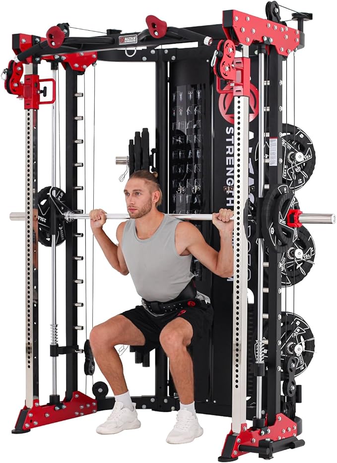 Altas Strength Smith Machine 3058G Home Gym Equipment with 1000 lbs Weight Capacity, 2000 lbs Cables for Versatile Workouts Squats Presses Pulling Lunges Deadlifts Easy Assembly Included Accessories