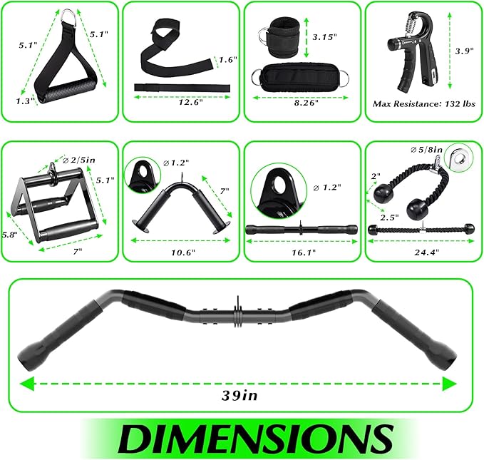 Cable Machine Attachment Set for Gym, LAT Pulldown Attachments, Cable Machine Accessories with Curl Pulldown Bar, Tricep Pull Down Attachment, V Bar, Fitness Equipment Cable Accessories for Home Gym