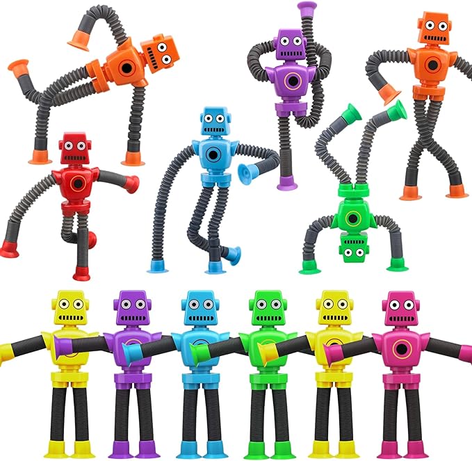 Dilabnba 12 PCS Suction Cup Fidget Pop Tube Robot Sensory Toys - Transformable Telescopic Tube, Travel Toys for Kids Toddlers (Ages 3-10) Stocking Stuffer Gift