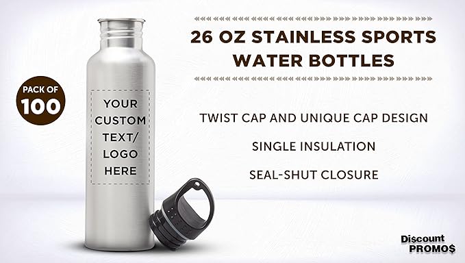 DISCOUNT PROMOS Custom Stainless Steel Water Bottles 26 oz. Set of 100, Personalized Bulk Pack - Reusable, Leak Proof, Perfect for Gym, Hiking, Camping, Outdoor Sports - Silver