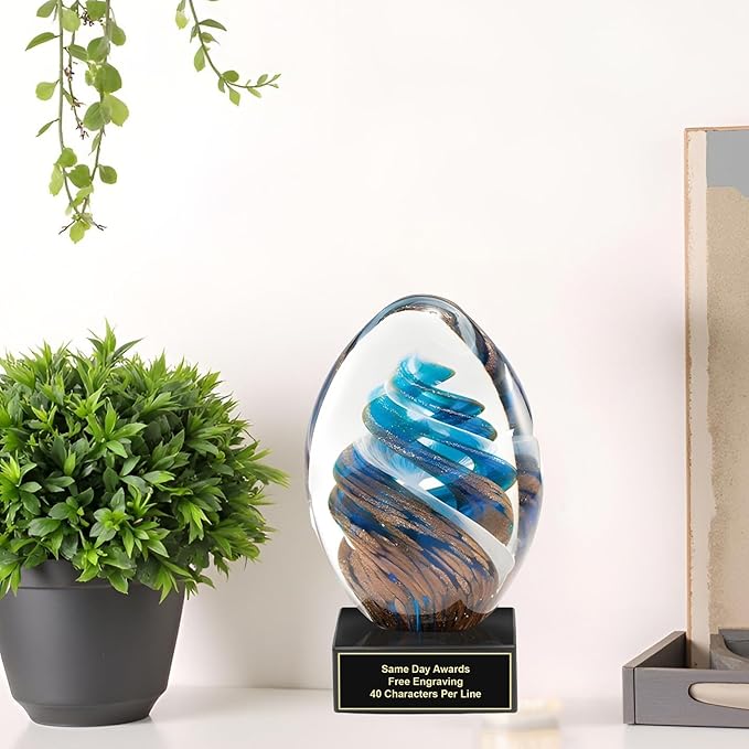 Hand-Blown Art Glass Award – Custom Engraved Elegant Award for Corporate, Sports Retirement Volunteer Recognition Leadership Personal Milestones Employee Gifts