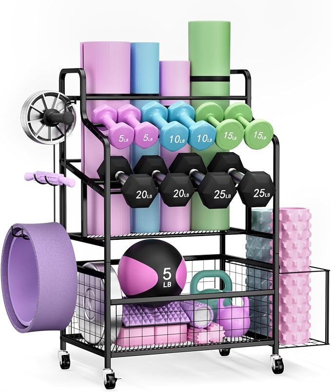 Dumbbell Rack, Home Gym Weight Rack Storage, Adjustable Dumbbell Stand Organizer with Wheels, Holds Dumbbells, Kettlebells, Yoga Mats