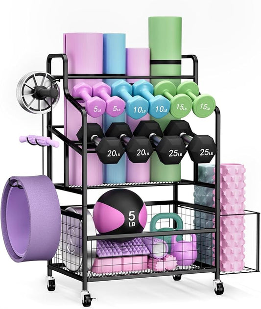 Dumbbell Rack, Home Gym Weight Rack Storage, Adjustable Dumbbell Stand Organizer with Wheels, Holds Dumbbells, Kettlebells, Yoga Mats