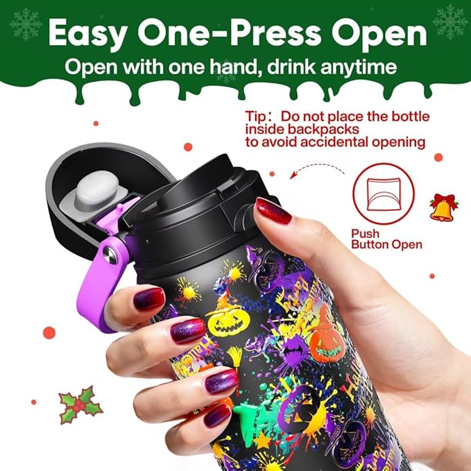 ENCOOL Insulated Water Bottle with Straw Stainless Steel Water Bottle with Push Button Lid, Leak-Proof & BPA-Free, Keeps Cold for 24 Hours for Sports, Travel, Gym (32 oz, Ghost Party)