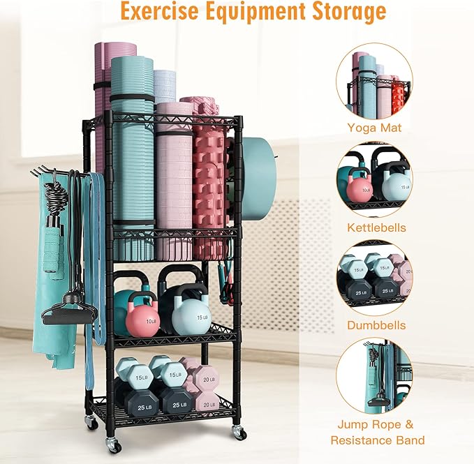 FUTASSI Home Gym Storage, 3 Tiers Workout Equipment Organizer with Wheels for Yoga Mats, Foam Roller, Dumbbells, Kettlebells, and Resistance Bands
