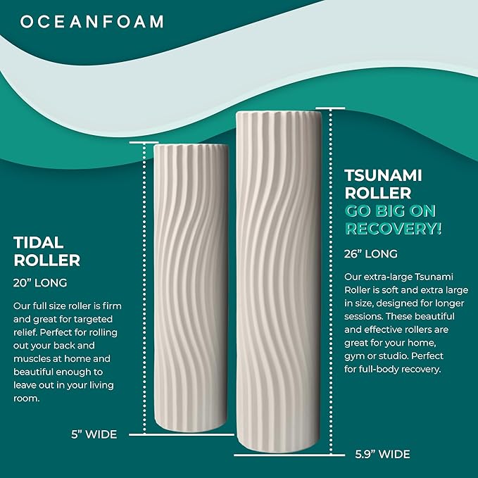 Oceanfoam Tsunami Roller (Natural) - Extra-Large, 26" x 5.9" - Soft, Textured Foam Roller for Physical Therapy, Back Pain, Exercise & Stretching - Wave Textured - Yoga, Athletics, & Wellness