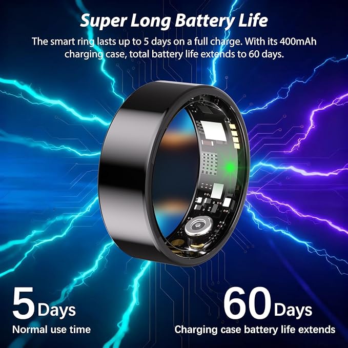 Smart Ring for Women Men Fitness Ring with Heart Rate, Blood Oxygen, Blood Pressure, Sleep Tracker, Step Tracker, IP68 Waterproof Health Ring for iOS & Android,No Subscription Fee (Black, 8#)