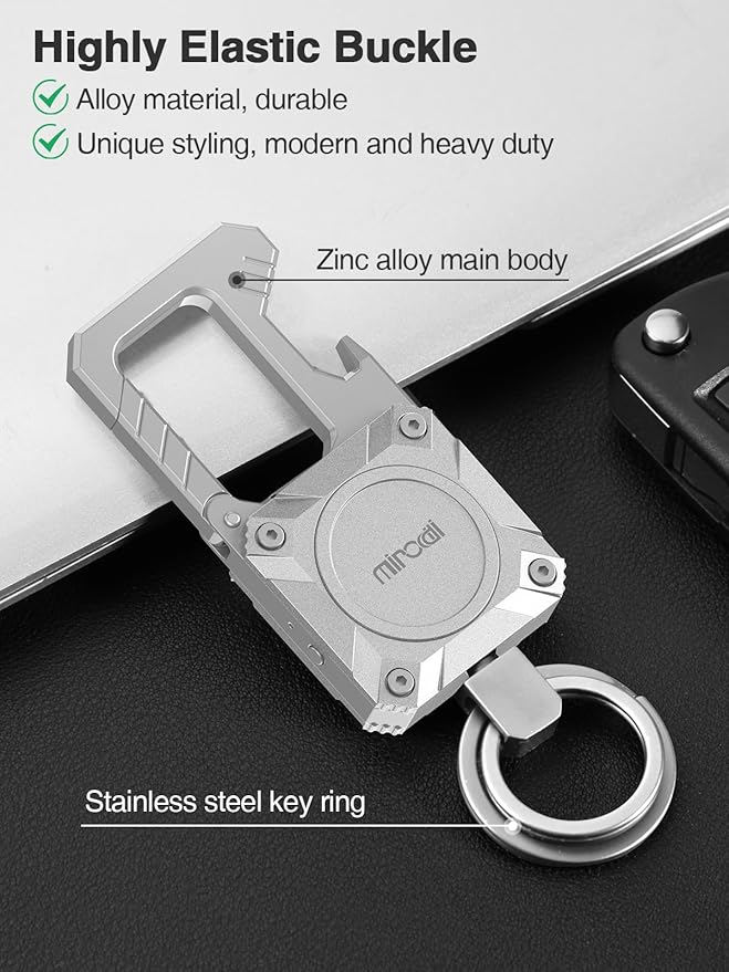 Miroddi Keychain Tracker, Men's Key Chain Works with Find My(iOS Only), Heavy Duty Keychain Carabiner Bottle Opener, Car Key Chains with Finder, Anti-lost Keyrings Tracker, Rechargeable, Silver