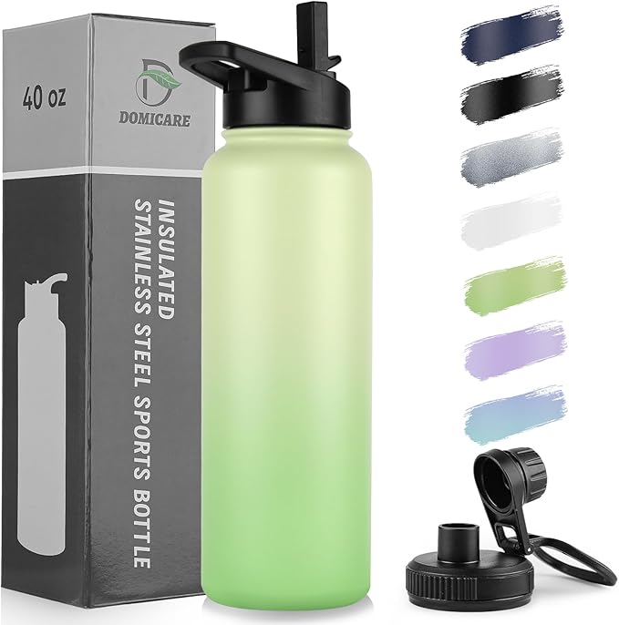 DOMICARE 40 oz Insulated Water Bottle, Vacuum Insulated Stainless Steel Sports Water Bottle with Straw Lid & Spout Lid, Leakproof, Reusable - Travel, Camping, Bike, Green Gradient