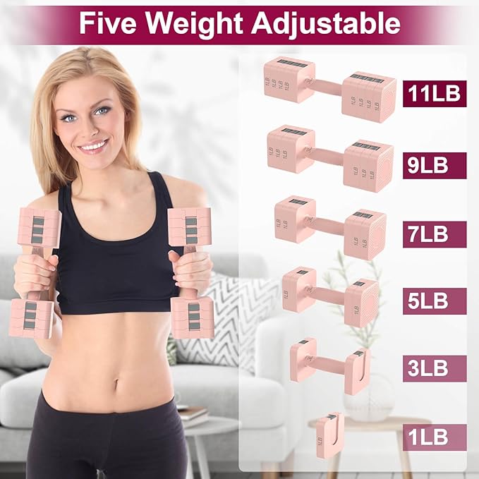22LBS Adjustable Dumbbells Set, Hand Weights Sets with 5 Levels 3lb, 5lb, 7lb, 9lb, 11lb, Adjustable Weight Dumbbells for Women/Men Home Gym Full Body Workout