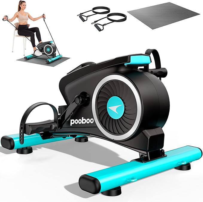 pooboo Under Desk Bike Pedal Exerciser, Quiet Magnetic Mini Exercise Bike with 16 Resistance Levels, Arm & Leg Workout, Resistance Bands & Non-Slip Mat for Home Office Therapy