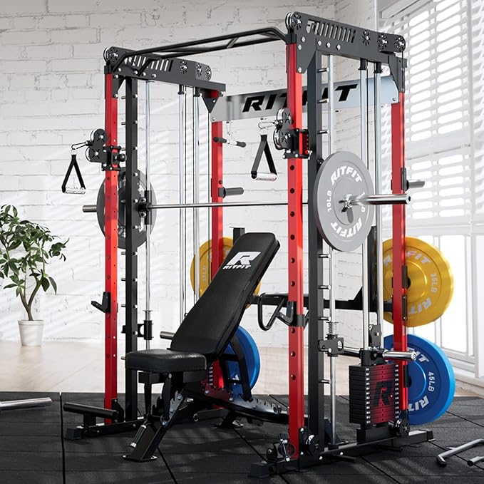 RitFit M1 Pro Smith Machine Package, All-in-One Power Cage with Weight Stack Set, Includes LAT Pulldown & Cable Crossover System for Home Gyme