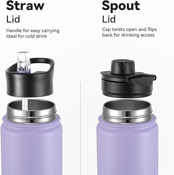 16 oz Insulated Water Bottle with Straw Lids, Stainless Steel Kids Water Bottles for School, Double Wall Vacuum Metal Water Bottle with Straw & Wide Mouth Lid, Lavender 8 Pack
