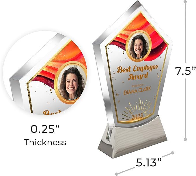 7 1/2" Personalized Glass Plaque for Awards and Trophies, Custom Award for Employee of the Month, Retirement, Leadership and Appreciation Gift J Awards (D6)