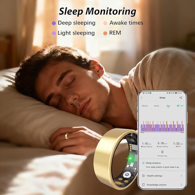 Smart Ring for Women Men Fitness Ring with Heart Rate, Blood Oxygen, Blood Pressure, Sleep Tracker, Step Tracker, IP68 Waterproof Health Ring for iOS & Android,No Subscription Fee(Gold, 9#)