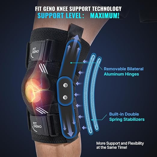 Fit Geno Hinged Knee Brace for Meniscus Tear: Adjustable Support for Knee Pain w/Built-in Side Stabilizers & Removable Metal Hinges for ACL MCL Injury or Surgery Recovery - Men and Women