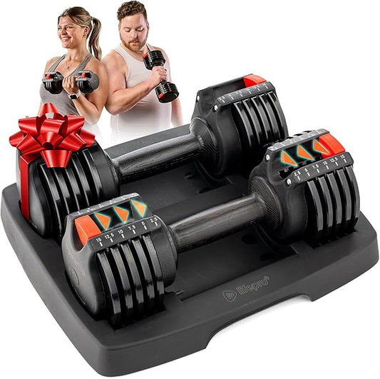 Lifepro Adjustable Dumbbells Set - 5in1-15lb 25lb 43lb 55lb weights Set & Single with Rack - Quick Adjust, Secure Grip - Compact Hand Weights for Men Women Home Gym