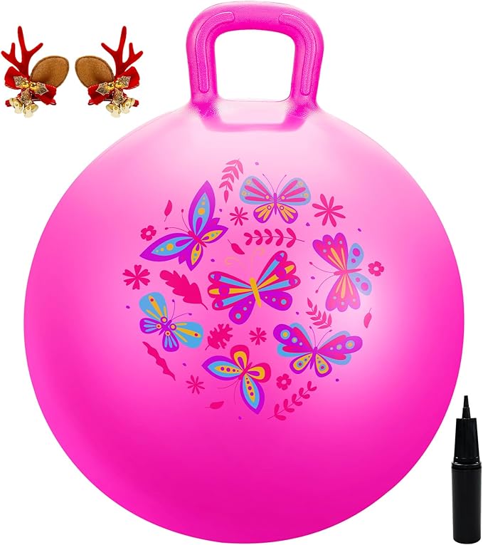 EVERICH TOY Hopper Ball, Pink Butterfly Hopping Toys for Kids, 18 Inch Bouncy Ball with Handle, Indoor Outdoor Inflatable Hoppity Hop Toy for Girls Boys Gift with Free Christmas Accessories