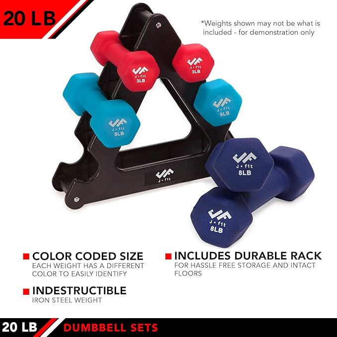 JFIT Dumbbell Pairs or Sets – Neoprene & Vinyl Coated Hand Weights for Home Gym, Strength Training, Aerobics, Cardio Exercise and Fitness
