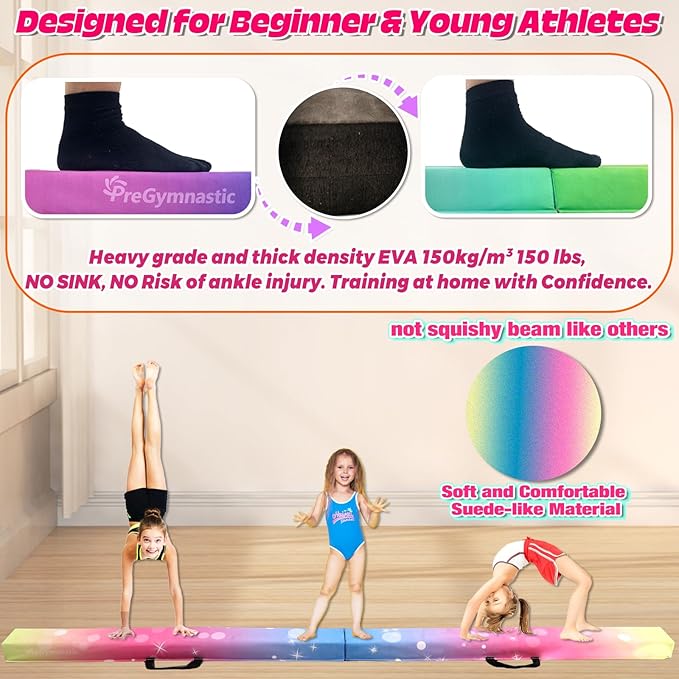 PreGymnastic 6FT/8FT/9.5FT Folding Balance Beam for Kids Ages 3-12, Foldable Gymnastics Floor Beam-Extra Firm Suede Cover with Carrying Bag for Home-Gym Equipment for Toddler Teenager