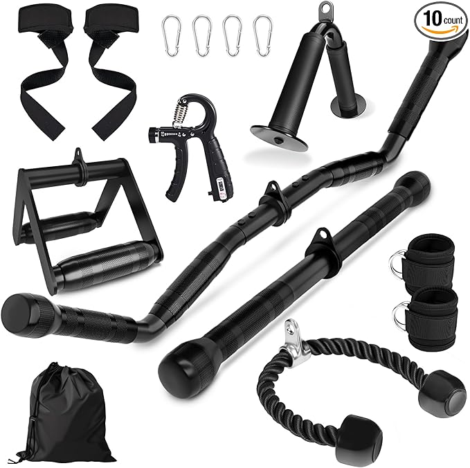 Cable Machine Attachment Set for Gym, LAT Pulldown Attachments, Cable Machine Accessories with Curl Pulldown Bar, Tricep Pull Down Attachment, V Bar, Fitness Equipment Cable Accessories for Home Gym