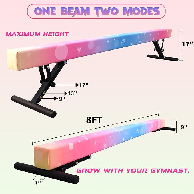 PreGymnastic 8FT Balance Beam, Raised Gymnastics Beam for Kids Ages 3-12, Home Gym Equipment for Training, Adjustable Balancing Beam Indoor, Off-Ground Competition Style