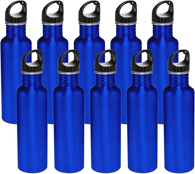 DISCOUNT PROMOS Stainless Steel Water Bottles 26 oz. Set of 10, Bulk Pack - Reusable, Leak Proof, Perfect for Gym, Hiking, Camping, Outdoor Sports - Met Blue