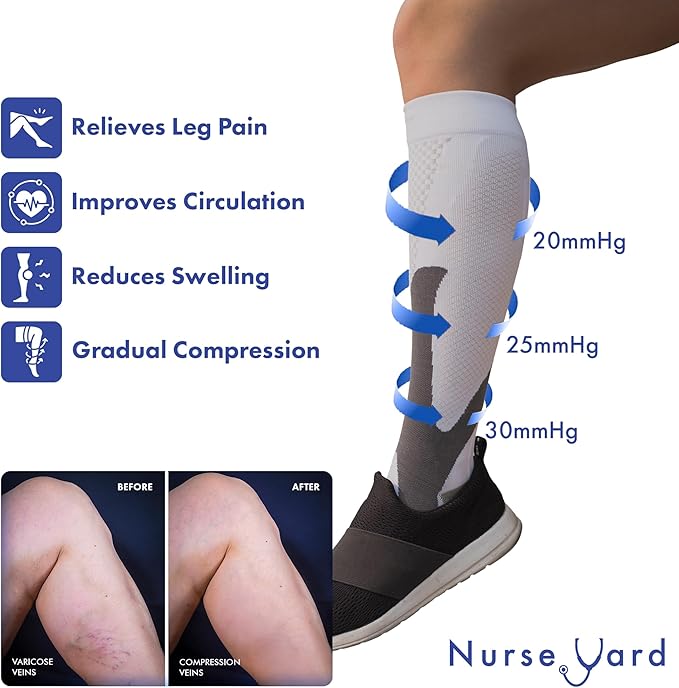 Nurse Yard Compression Socks for Nurses - Women & Men - 20-30mmHg Graduated Compression, Zero-Toe Compression, For Medical Staff, Nursing, Athletic Support Such As Running, Cycling, Hiking - 1 Pair