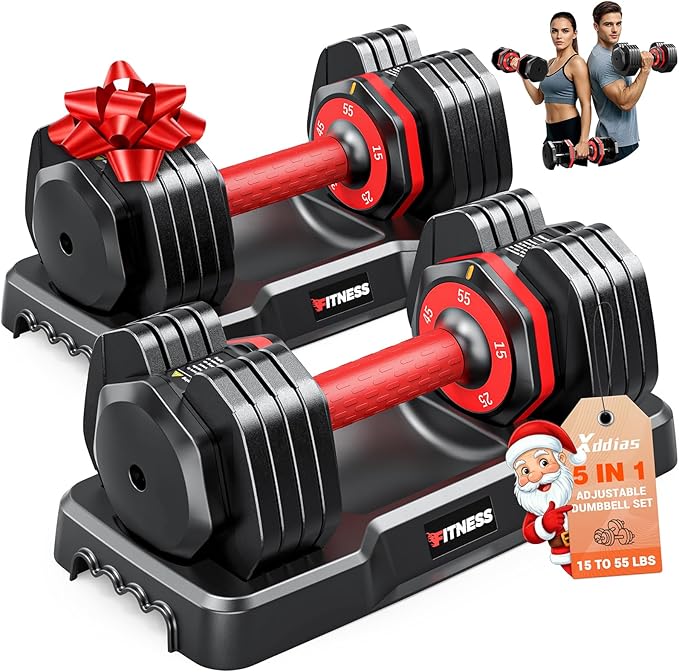 XDDIAS Adjustable Dumbbell Set of 2, 25/55/80LB Dumbbell Set-Fast Adjust Weights Set, 5/10/16 in 1 Free Weights Dumbbells Set with Anti-Slip Metal Handle, Compact Size for Men/Women Home Gym Equipment