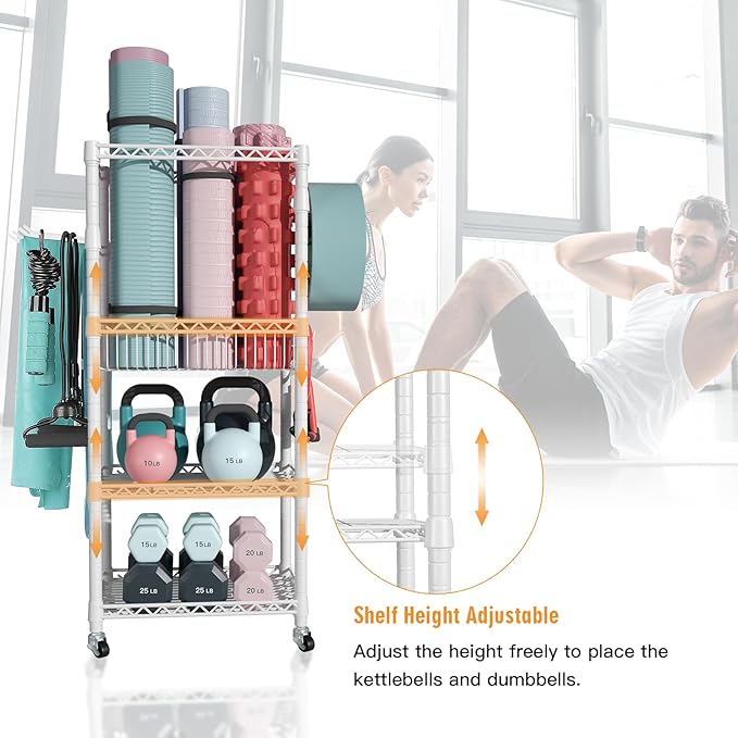 FUTASSI Home Gym Storage, 3 Tiers Workout Equipment Organizer with Wheels for Yoga Mats, Foam Roller, Dumbbells, Kettlebells, and Resistance Bands