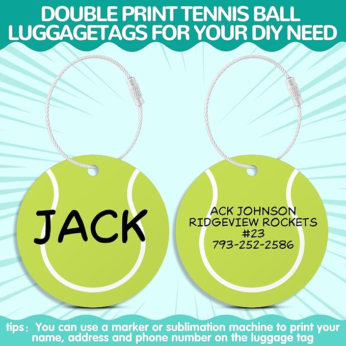 12Pcs Tennis Luggage Tags forTravel Suitcases Labels with Metal Ring 2.75in Tennis Keychain PVC Name Id and DIY Pocket Hug Card,Backpack Charms for Men Women Travel Bag Suitcase
