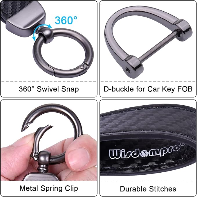 Wisdompro Carbon Fiber Style Car Keychain, Microfiber Leather Key Chain, Universal Key FOB Keychain Holder for Men and Women, with Anti-lost D-ring, 3 Keyrings - Black (with flat connector)