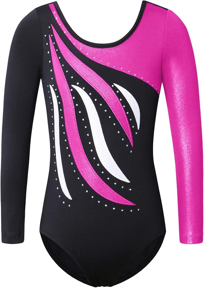 BAOHULU Leotards for Girls Gymnastics Long Sleeve Embroidery Shiny Black Diamond Dance Clothes