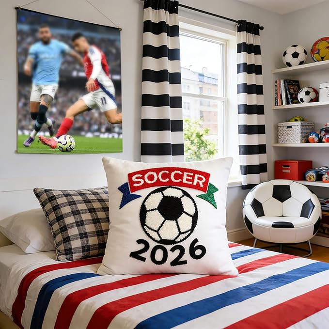 18x18 Inches Decorative Pillow Covers 1pc for World Soccer 2026 Fans, Soccer Ball Embroidered Throw Pillows Cases for Couch Bed Room, Game Day Home Decor Pillows Covers Gifts for Women Men
