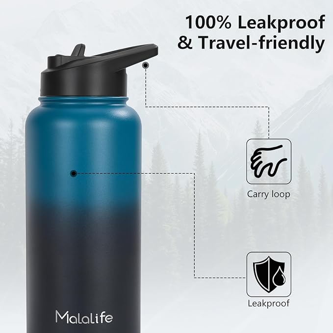 32oz Insulated Stainless Steel Water Bottle, Dual lids, Large Flask, Wide Mouth Sport Drink Bottle (Keep Cold 24H Hot 12H) with Straw, Leakproof Spout Lid (Deep Teal & Onyx)