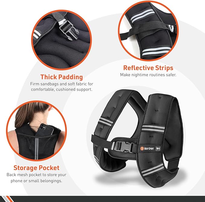 Body Sport Weighted Vest - 5lb/10lb/15lb/20lb/25lb/30lb - Adjustable Fitness Vest with Refelctive Strips for Strength Training, Running, Walking, and Endurance Workouts