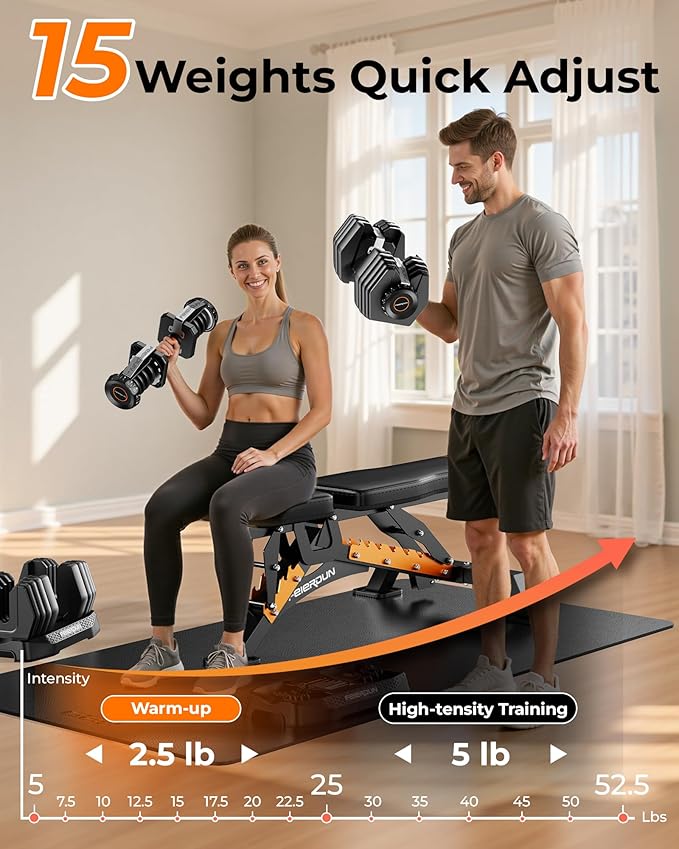 FEIERDUN 15-in-1 Adjustable Dumbbell Set, 105lb/52.5lb Weight Set Dumbbells with Storage Box, Quick Adjust Free Weight with Non-slip Handles Dumbbells for Home Gym Exercise Strength Training