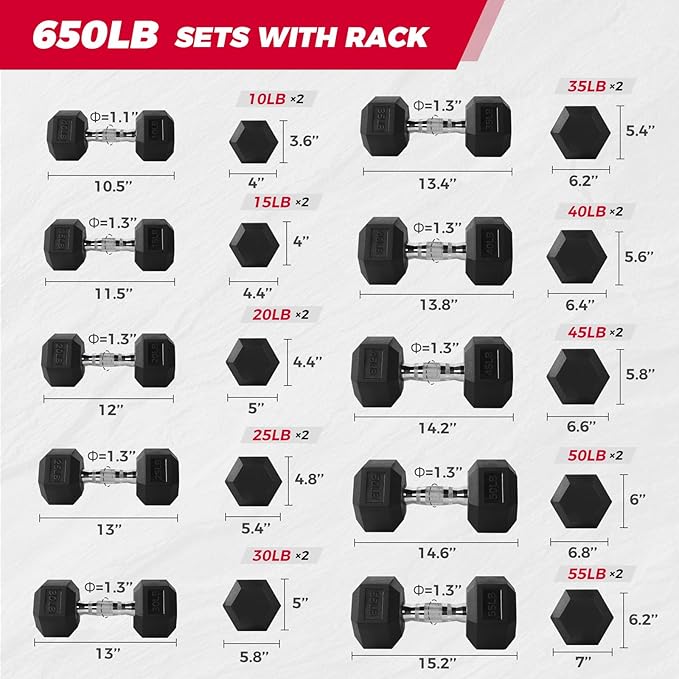 RITFIT 650/550/450/350/300/310/260/210/200/180/150/100 LB Rubber Hex Dumbbells Set with Optional Dumbbell Rack, Multi Weight Set to Choose, Ideal for Home Gym and Fitness
