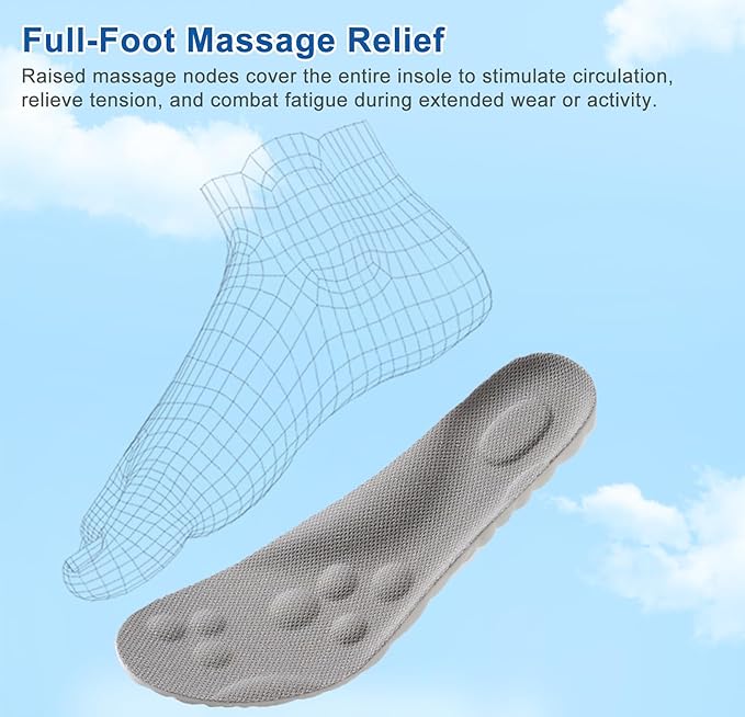 4D Cloud Insoles for Men Women, Memory Foam Boot Insoles, Comfortable and Breathable Massage Cushion Shoe Inserts with Arch Support, Trim to Fit All Shoe Types(1Pair-Grey, Men 7-8/Women 8.5-9.5)