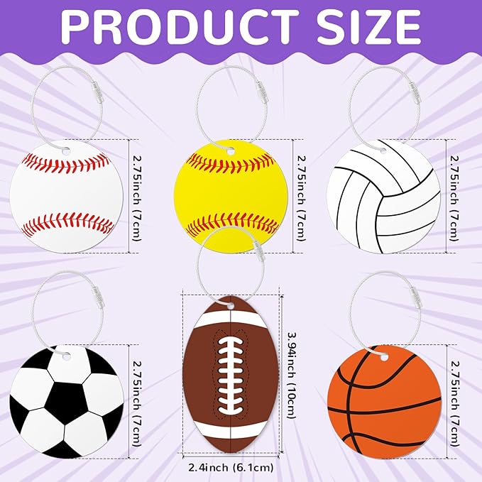 6Pcs Sports (baseball softball football volleyball basketball) Luggage Tags Set for Travel Suitcases Labels with Metal Ring 2.75in Keychain PVC Name Id and DIY Pocket Hug Card for Men Women Travel Bag