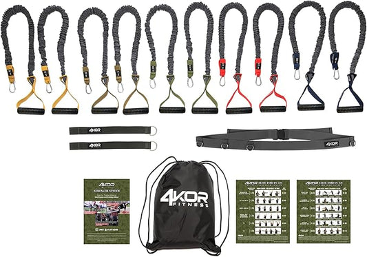4KOR Cross Anchor Shoulder Performance Training System. Resistance Cords with Handles and Dynamic Workout Guide. Exercise Bands with Nylon Sleeves, Rubber Grips, and Carry Bag for Rehab and Strength