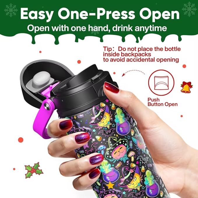 ENCOOL Insulated Water Bottle with Straw Stainless Steel Water Bottle with Push Button Lid, Leak-Proof & BPA-Free, Keeps Cold for 24 Hours for Sports, Travel, Gym (24 oz, Meowgic Night)